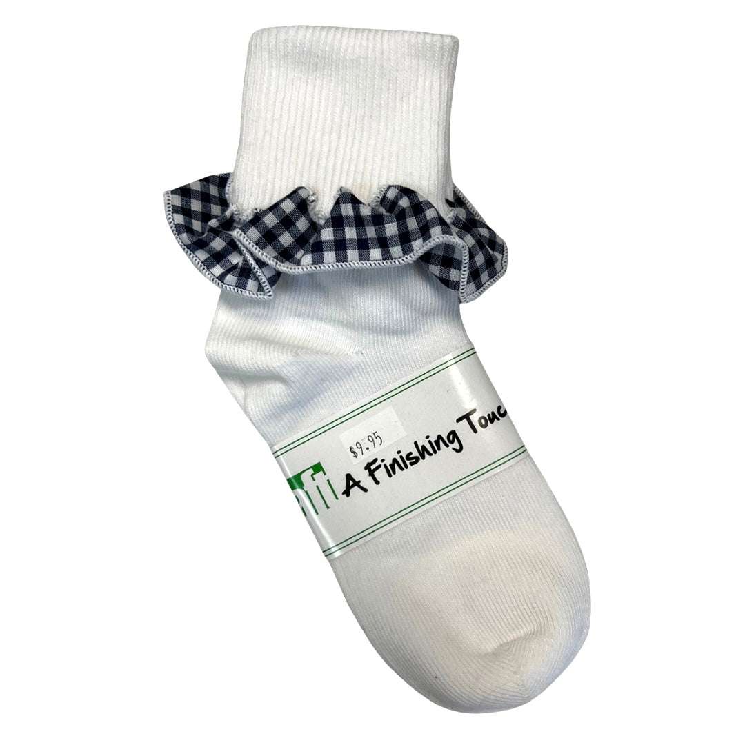 White Bobby Sock with Navy and White Gingham Ruffle - Size Small (One Pair)