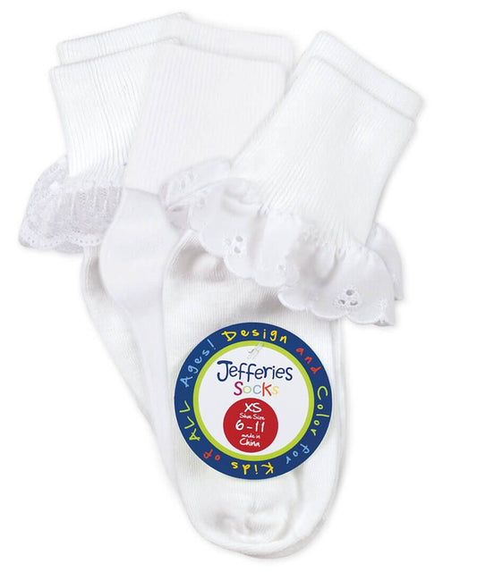 Jefferies Girl's Eyelet/Turn Cuff/Lace Turn Cuff Socks - White (3 Pair Pack)