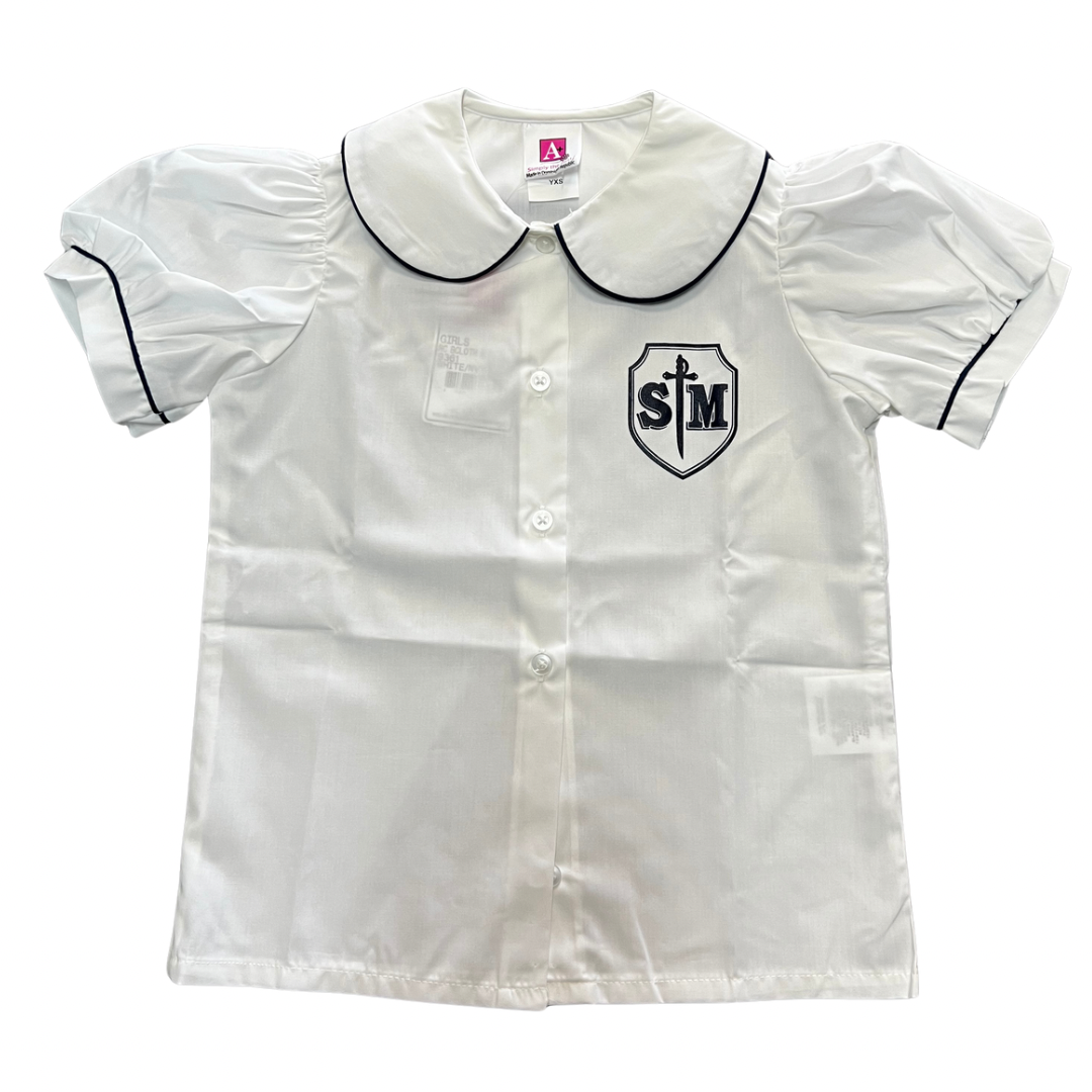 St. Michael Girl's Short Sleeve Peter Pan Blouse with Puffed Sleeves (Navy Piping)