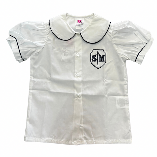St. Michael Girl's Short Sleeve Peter Pan Blouse with Puffed Sleeves (Navy Piping)