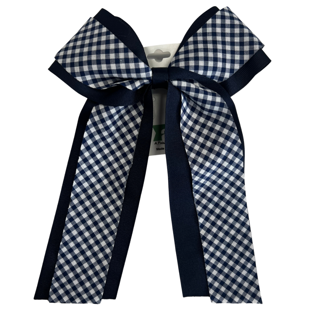 Navy Gingham Two-Layer Bow with Tails