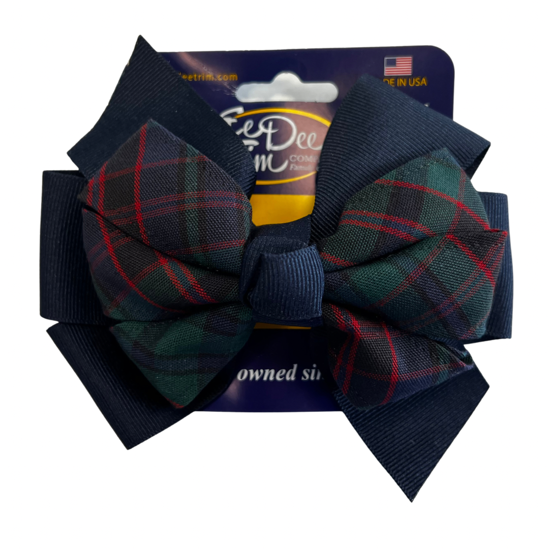 Medium 5” Navy Pinwheel Bow with Plaid Ribbon - Plaid 2E (St. Michael)