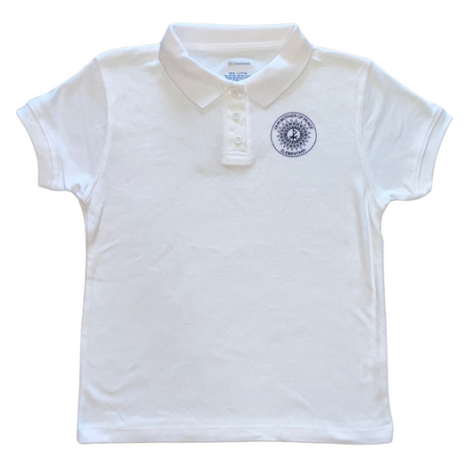 CLEARANCE - Our Mother of Peace Girl’s White Fitted Knit Polo