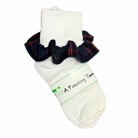 White Triple Roll Sock with Plaid Ruffle - Plaid 2E (St. Michael)