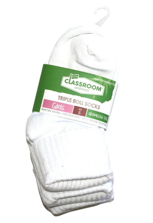 Classroom Girl's Triple Roll Socks - White 3-Pack