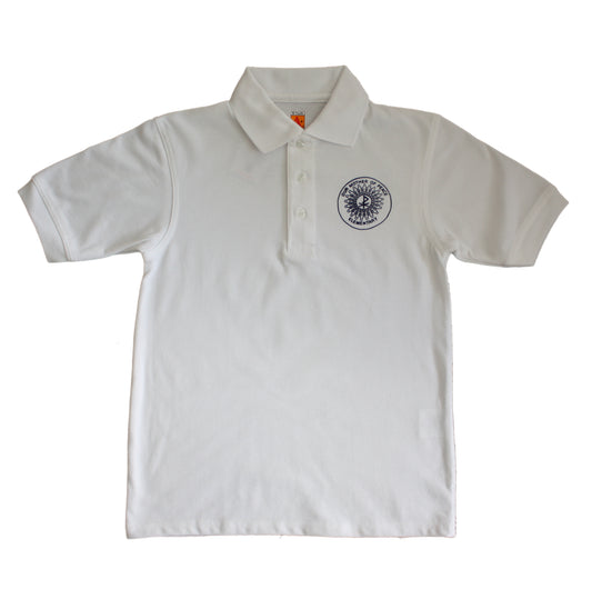 CLEARANCE - Our Mother of Peace Unisex Short Sleeve White Jersey Knit Polo