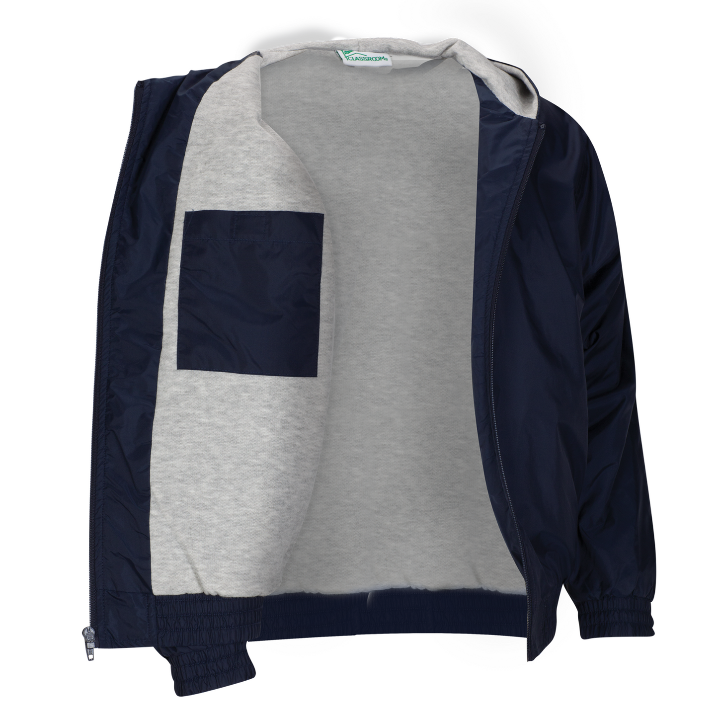 Classroom brand hooded nylon zip-front school uniform jacket in dark navy.