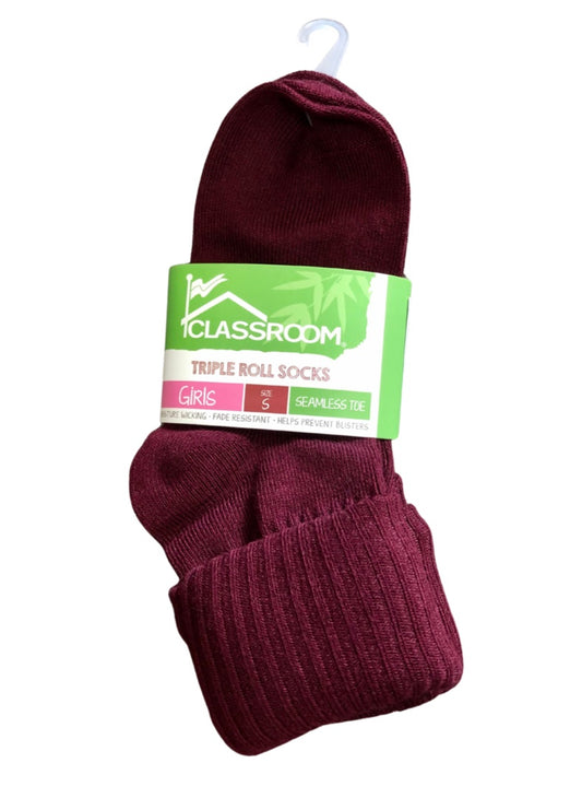 Classroom Girls Triple Roll Socks - Maroon 3-Pack