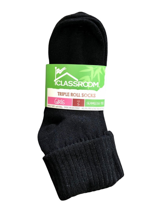 Classroom Girl's Triple Roll Socks - Black 3-Pack