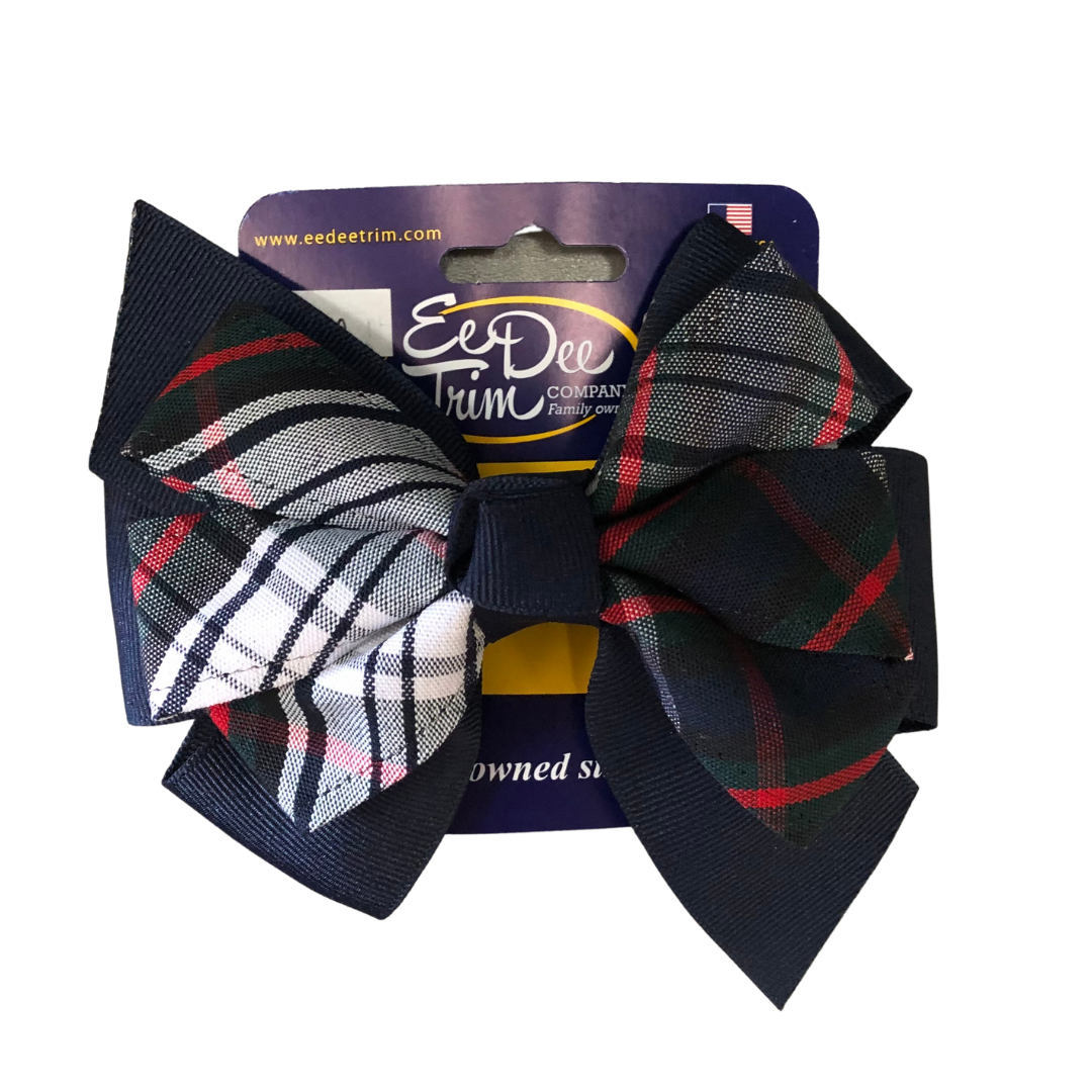 Medium 5” Navy Pinwheel Bow with Plaid Ribbon - Plaid 49 (Acadia Parish)