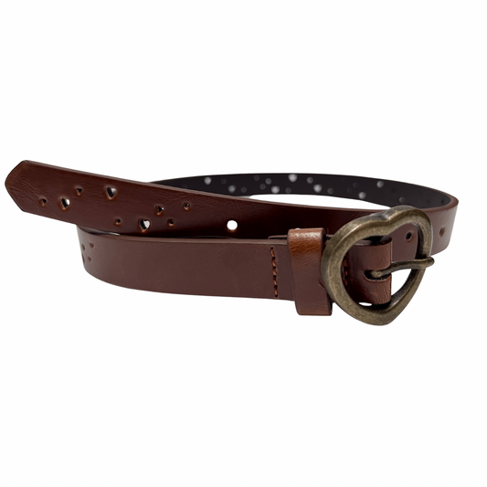 Girl's Brown Leather Belt with Cutout Detail and Heart Shaped Buckle