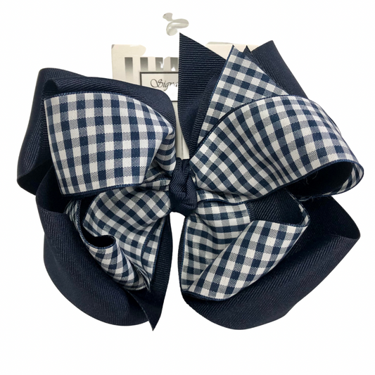 Large 2-Layer Bow - Navy and White Gingham / Navy