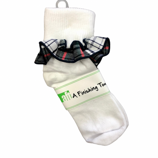 White Triple Roll Sock with Plaid Ruffle - Plaid 49 (Acadia Parish)