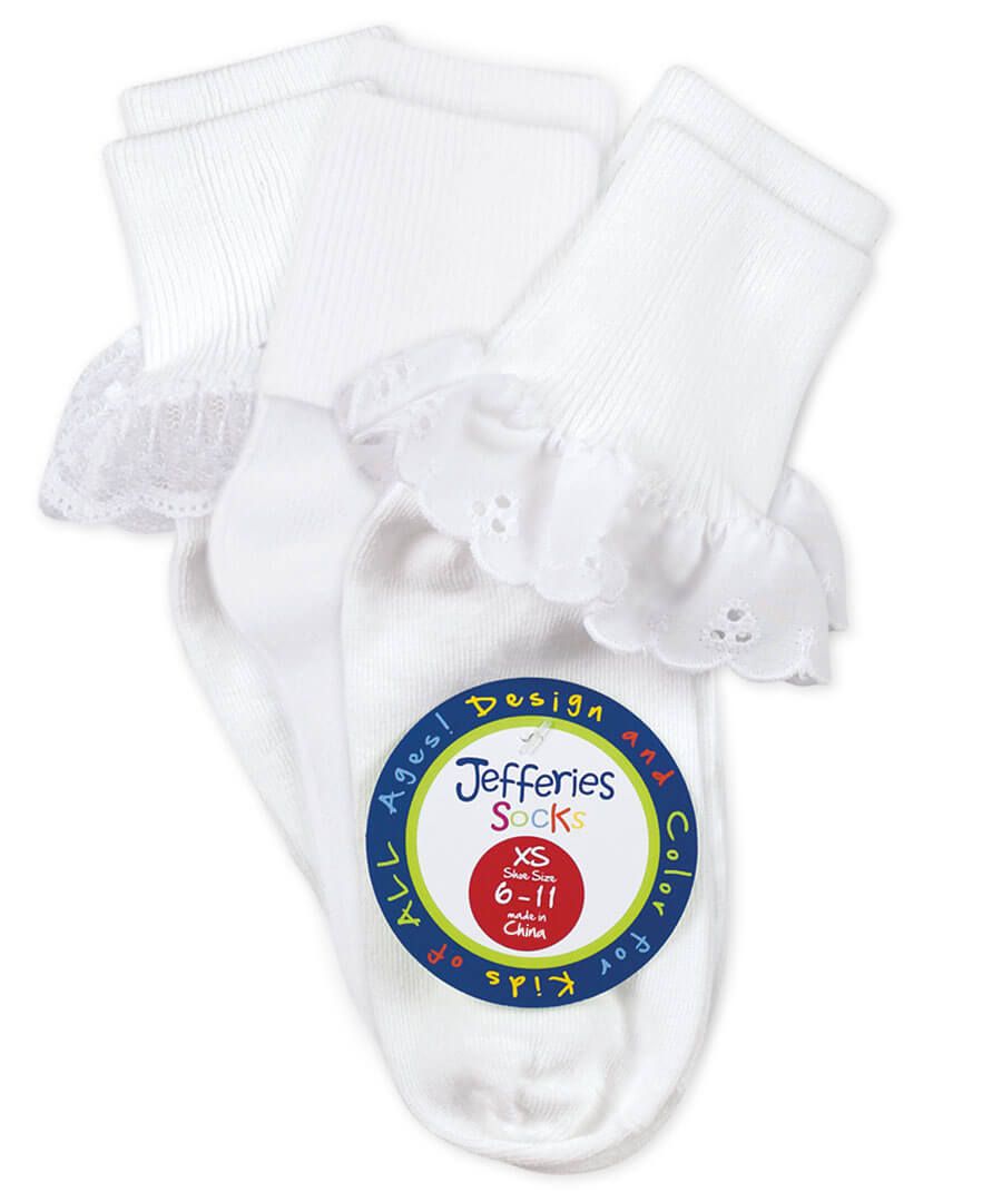 Jefferies Girl's Eyelet/Turn Cuff/Lace Turn Cuff Socks - White (3 Pair Pack)