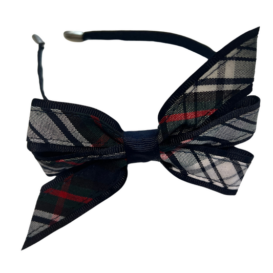 Slim Headband with 4" Plaid & Ribbon Bow - Plaid #49 (Acadia Parish Public Schools)