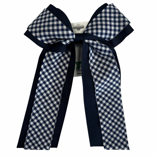 Navy Gingham Two-Layer Bow with Tails