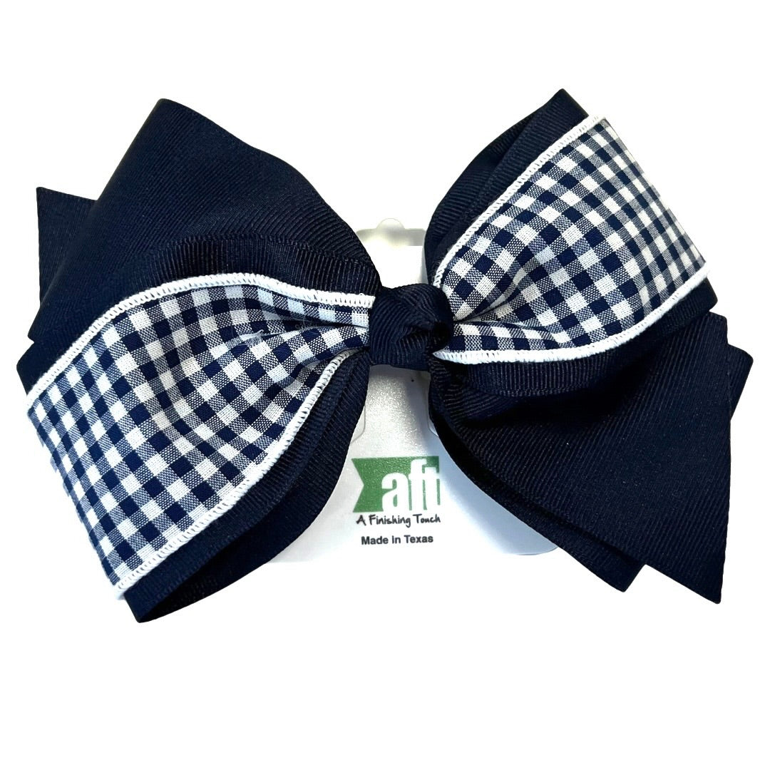 Navy and Gingham 6" 4-Loop Bow - Navy and White 1/8" Gingham