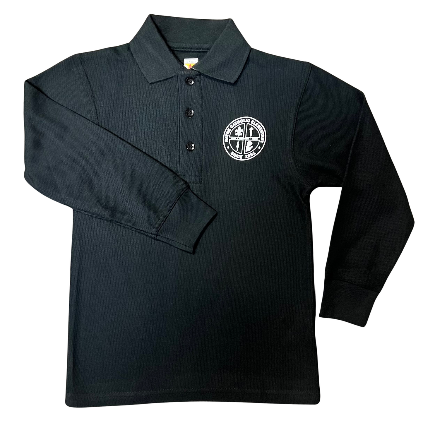 Rayne Catholic Unisex Black Long Sleeve Pique Knit Polo