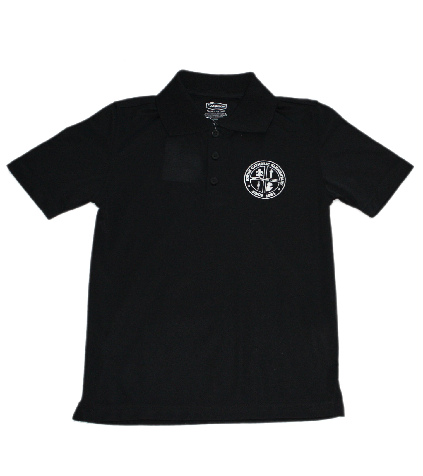 Rayne Catholic Unisex Black Short Sleeve Dry Fit Polo