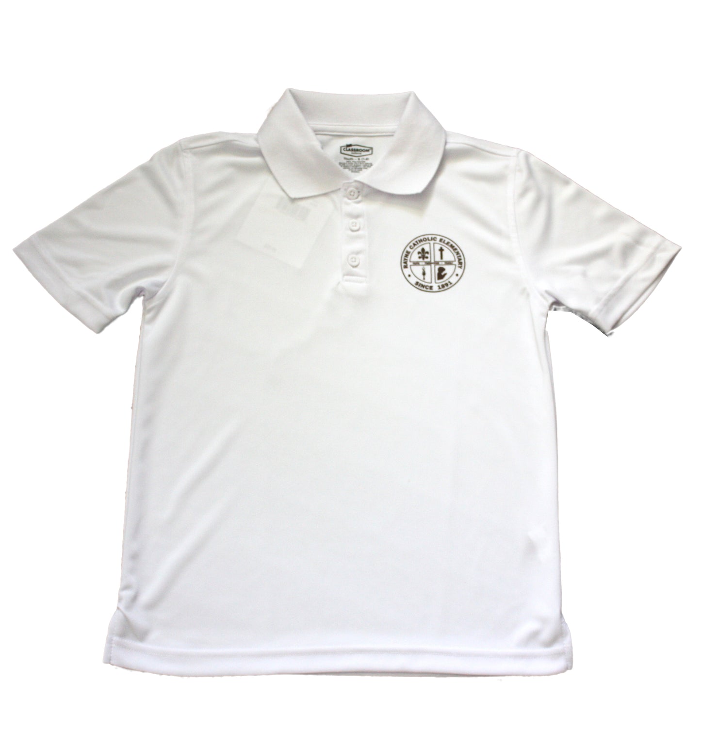 Rayne Catholic Unisex White Short Sleeve Dry Fit Polo