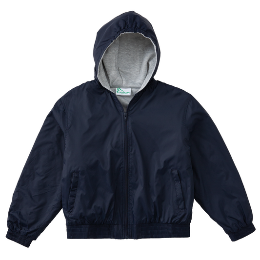 Classroom brand hooded nylon zip-front school uniform jacket in dark navy.