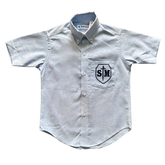 St. Michael Boy’s Short Sleeve Blue Oxford with Logo - K12 Gear Brand