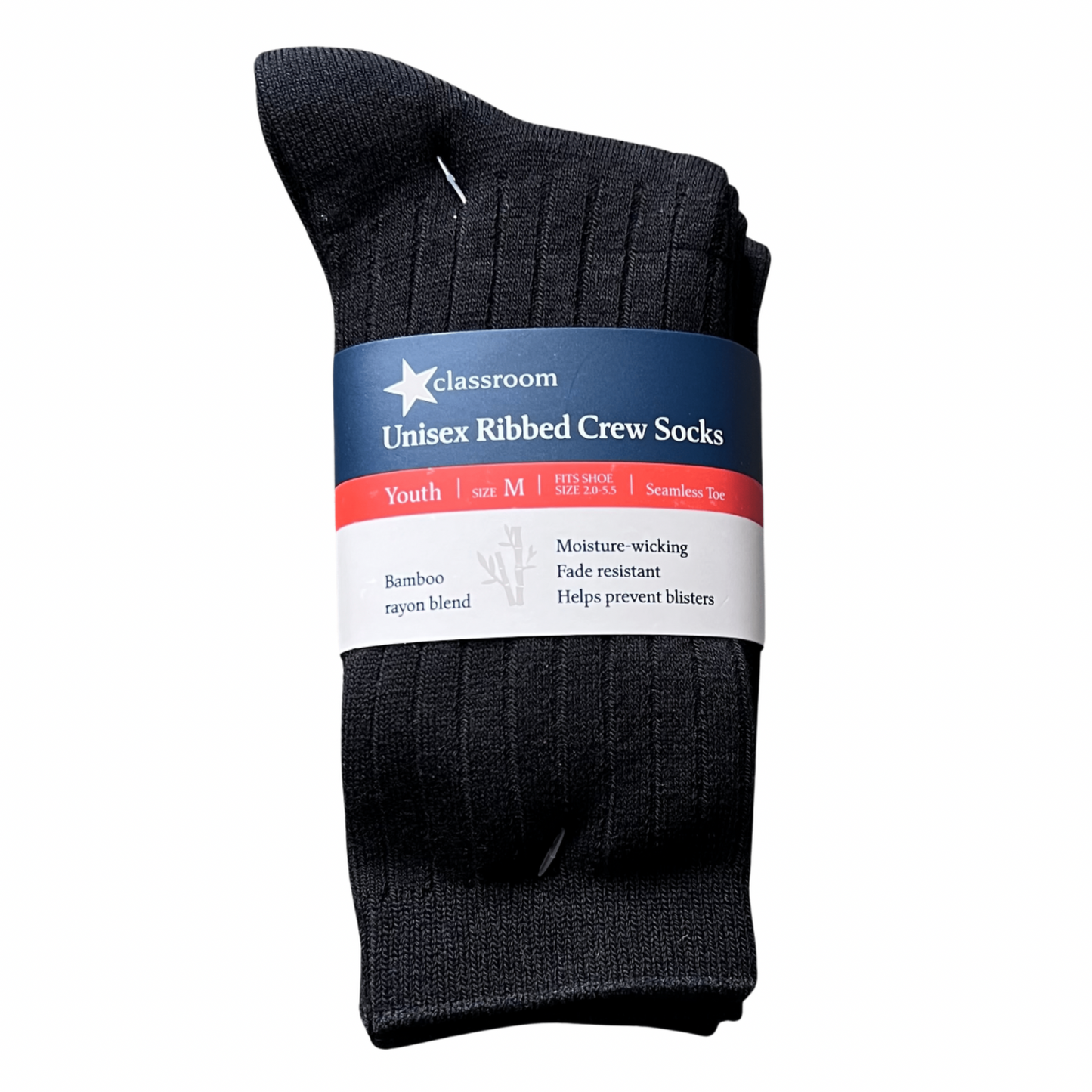 Classroom Ribbed Crew Socks - Black (3 Pack)